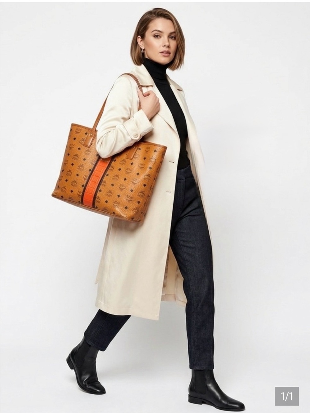 MCM Cognac Visetos Tote w Orange croc embossed Stripe limited edition - GUC - Picture 2 of 16